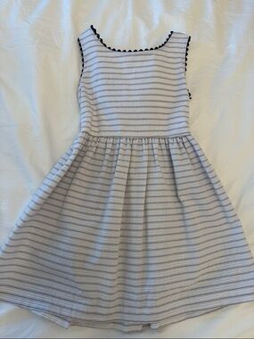 Bella Bliss Girls Striped White and Navy Sleeveless Dress, Bow back